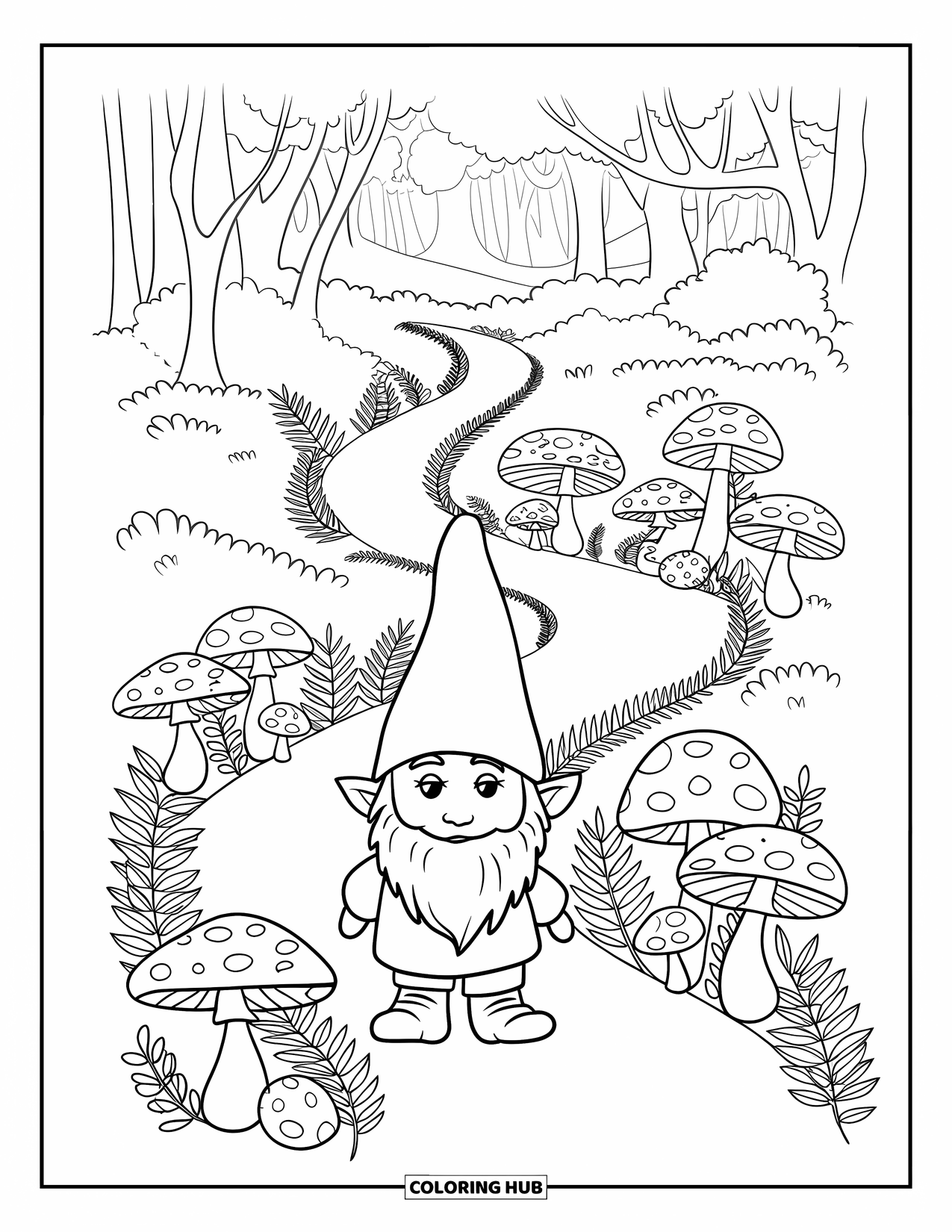 Mushroom Gnome Coloring Page for Kids: Gnome walking a misty forest path lined with mushrooms and ferns