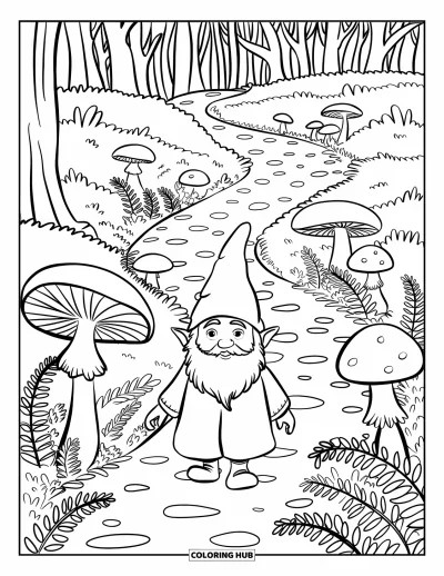Målarbild med svampnisse för barn: Nisse som går på en stenlagd stig genom en svampfylld skog