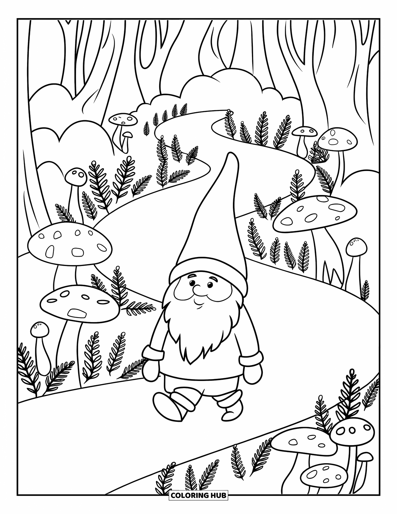 Mushroom Gnome Coloring Page for Kids: Gnome walking a winding forest path lined with mushrooms and ferns
