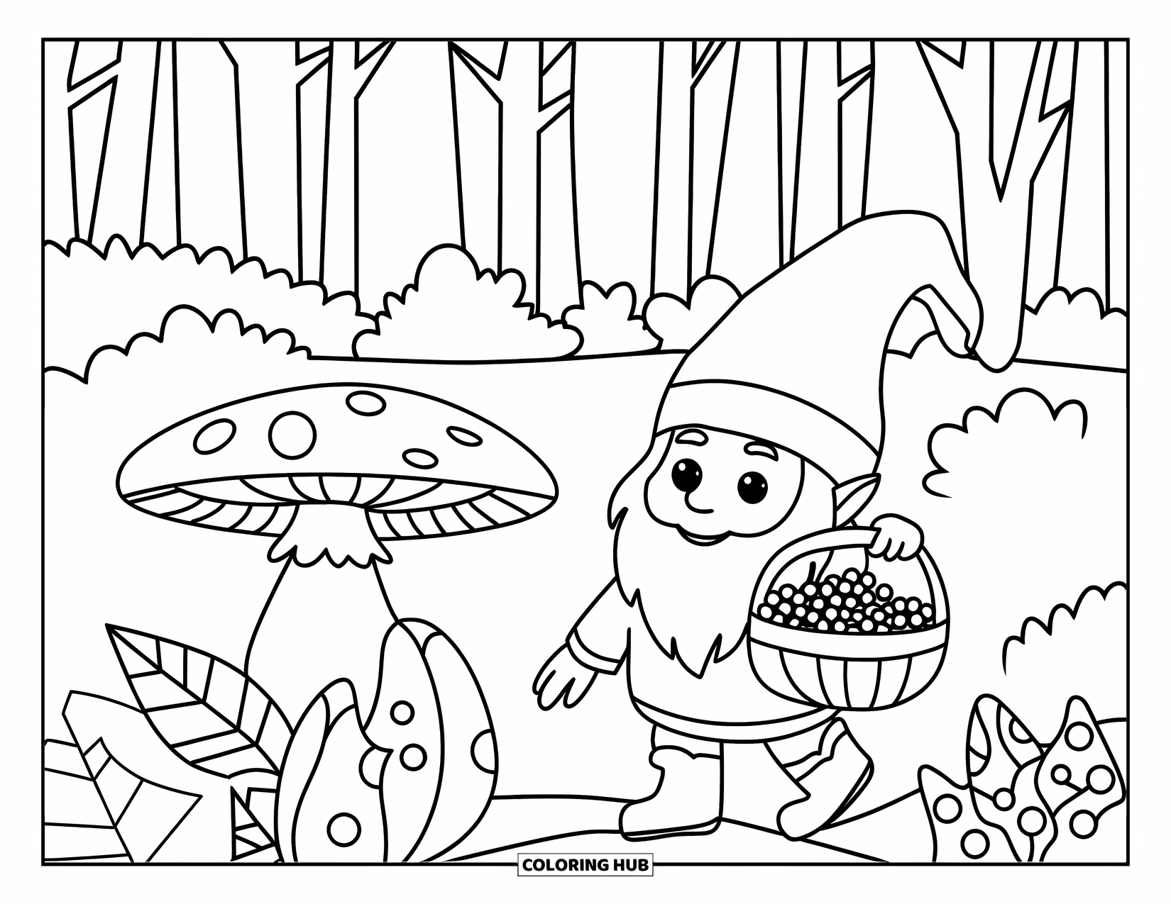 Mushroom Gnome Coloring Page for Kids: Gnome with a berry basket beside a mushroom and leafy bushes