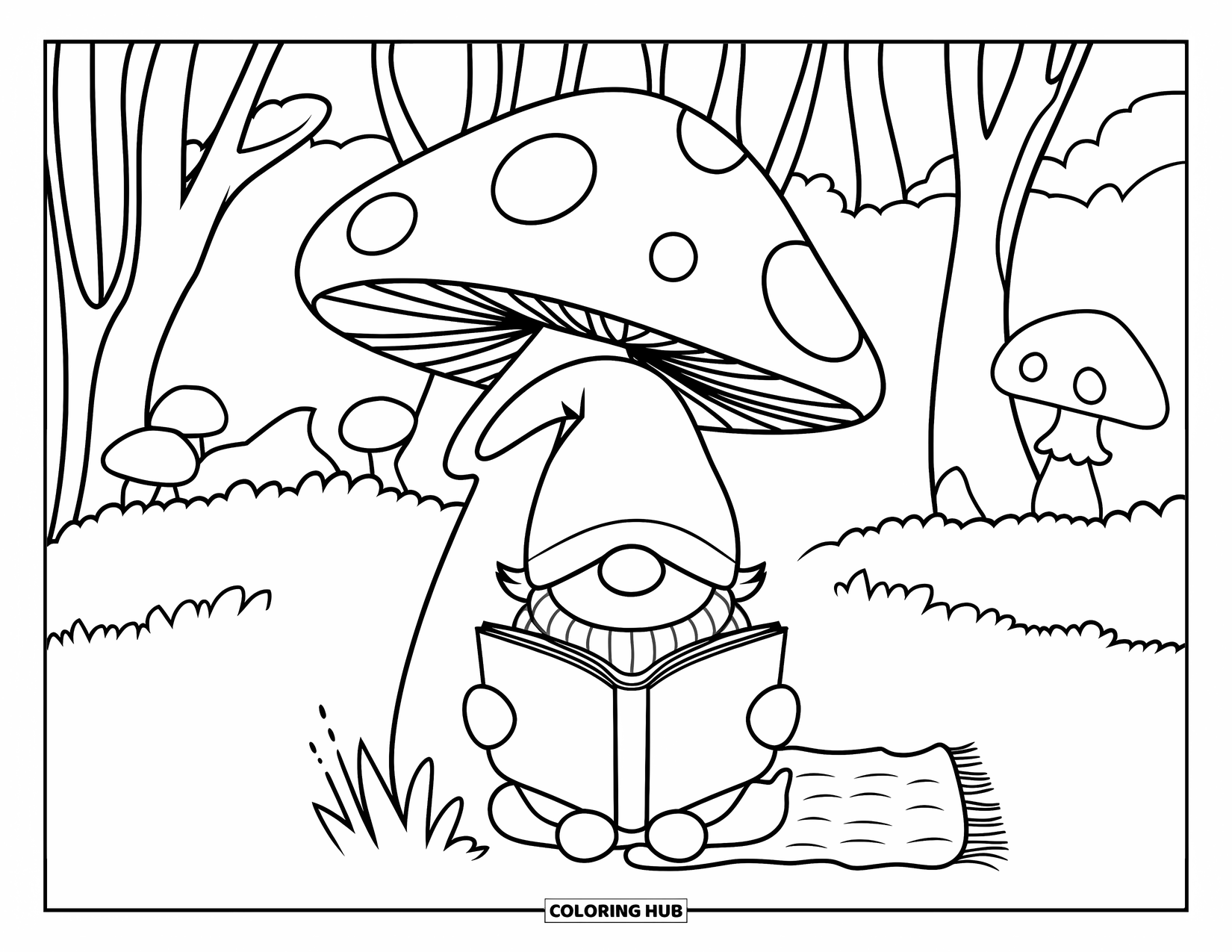 Mushroom Gnome Coloring Page for Kids: Gnome with a book under a mushroom on a blanket