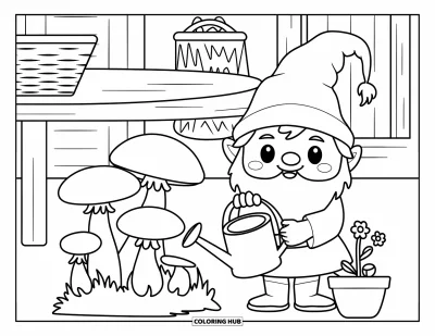 Målarbild med svampnisse för barn: Nisse med en vattenkanna nära ett svampland och en blomkruka