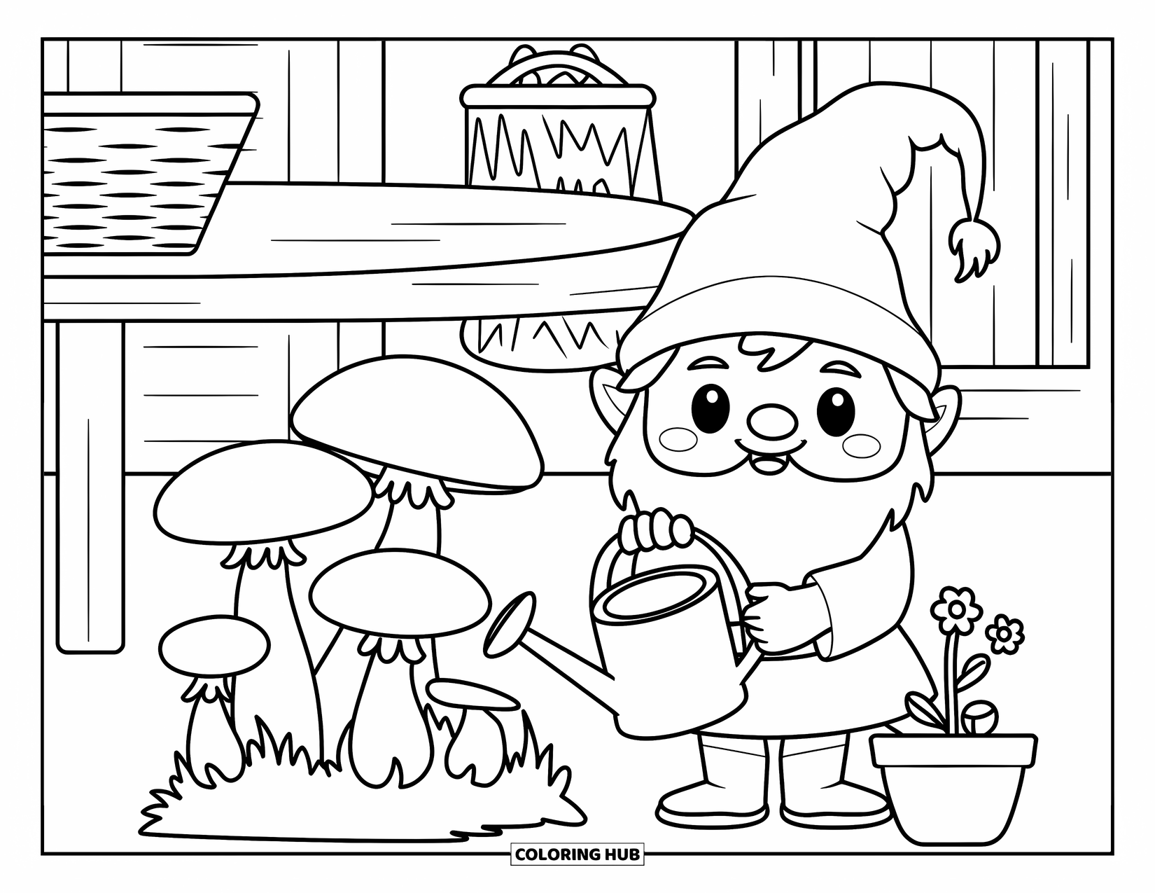 Mushroom Gnome Coloring Page for Kids: Gnome with a watering can near a mushroom patch and flower pot