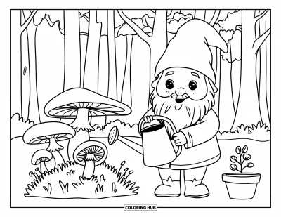 Målarbild med svampnisse för barn: Nisse med en vattenkanna nära ett svampland och en blomkruka