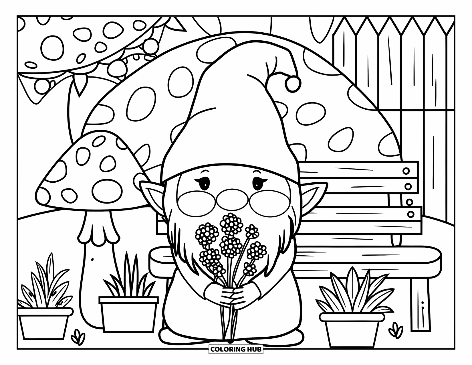 Mushroom Gnome Coloring Page for Kids: Gnome with flowers beside a mushroom near a bench and rustic fence