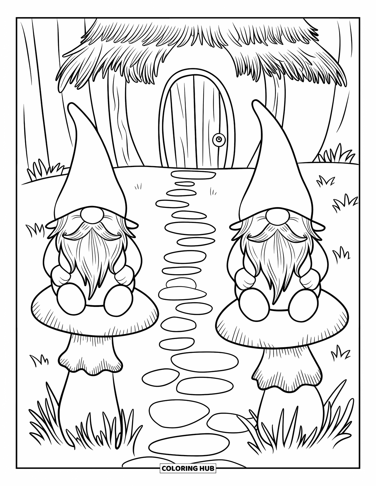 Mushroom Gnome Coloring Page for Kids: Gnomes on mushrooms along a path leading to a wooden door
