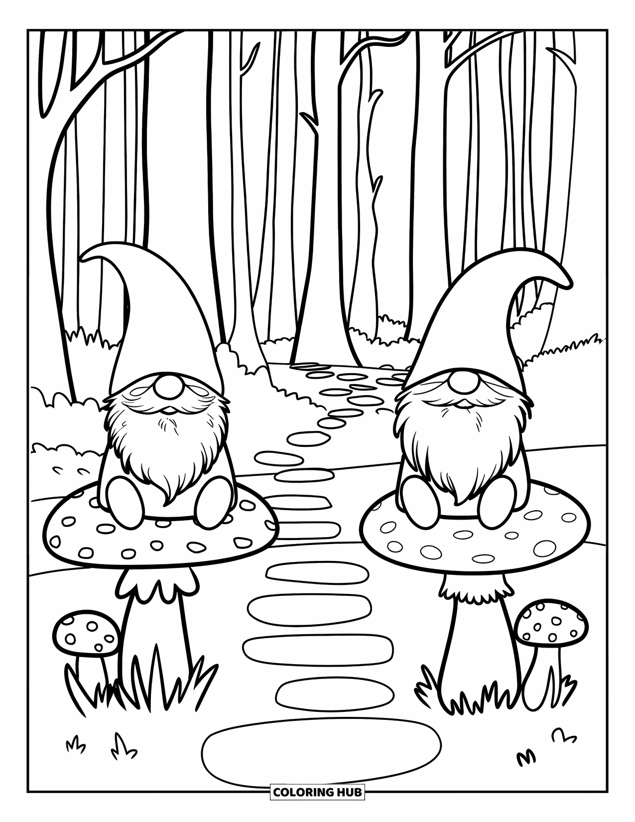 Mushroom Gnome Coloring Page for Kids: Two gnomes on mushrooms with a winding path in the forest