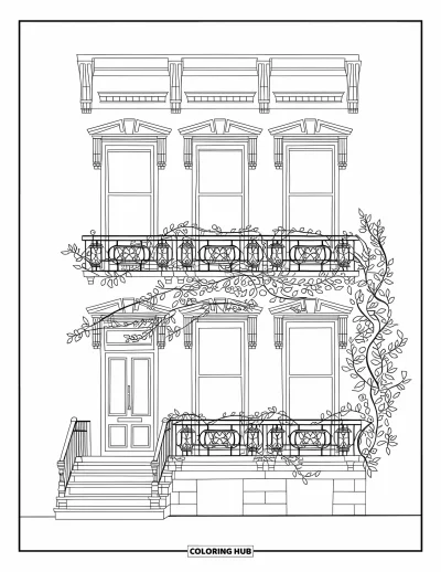 Disegno di New York da colorare per adulti: Un affascinante palazzo in mattoni con rampicanti e ringhiere in ferro si erge elegante e accogliente