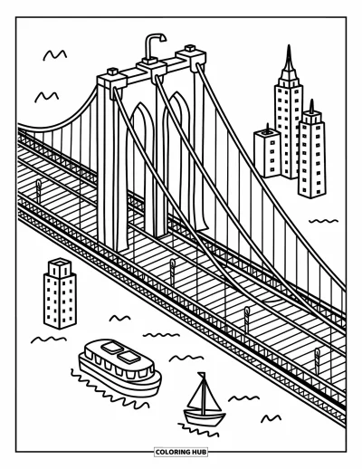 Disegno di New York da colorare per adulti: Un delizioso Ponte di Brooklyn si curva sulla città con barche che galleggiano sotto