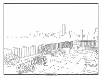 Disegno di New York da colorare per adulti: Un giardino pensile rilassante con sedie, vasi di piante e vista sullo skyline