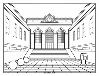 Disegno di New York da colorare per adulti: Una scalinata pittoresca conduce alle iconiche finestre e al profilo fantasioso di Grand Central
