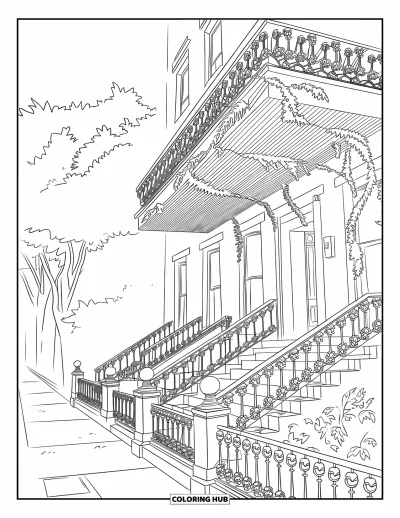 Disegno di New York da colorare per adulti: Vista pittoresca di una strada con un palazzo in mattoni coperto di rampicanti, ringhiere e alberi