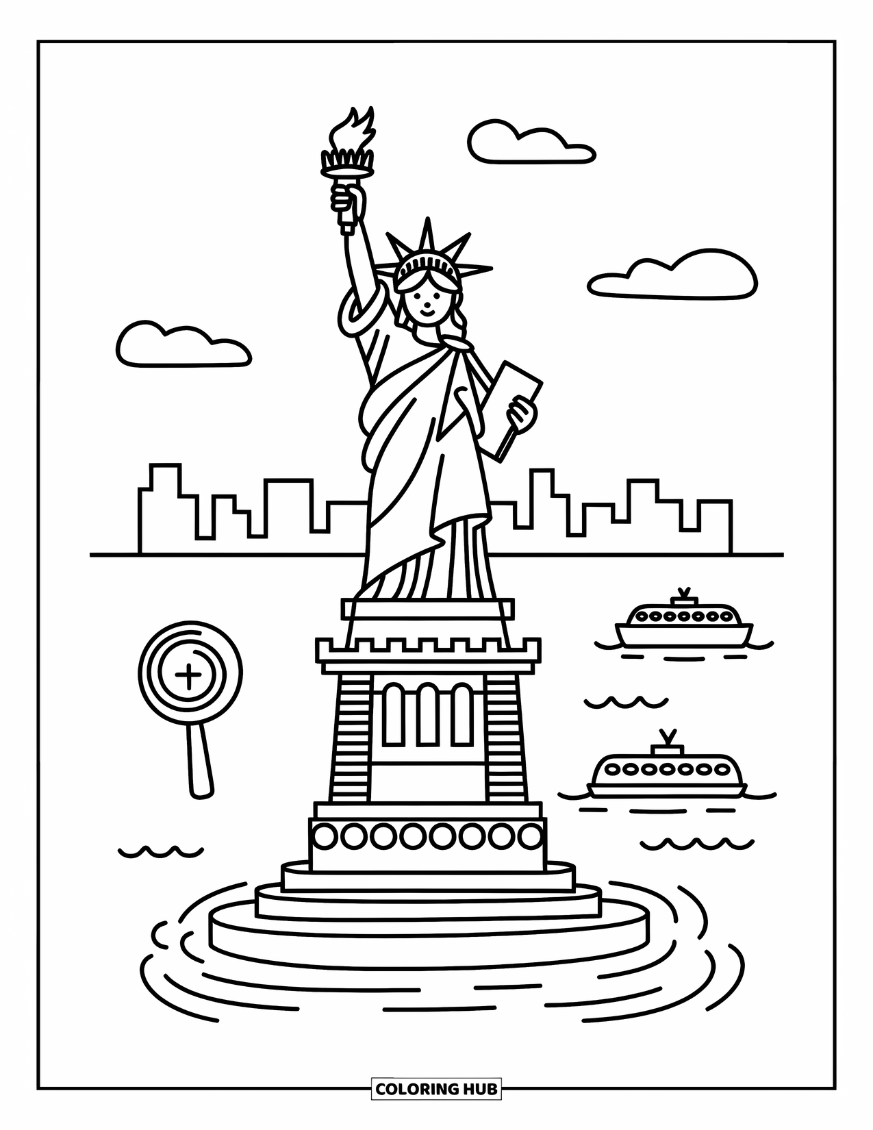 New York Coloring Page for Adults: A peaceful island holds Lady Liberty as boats and buildings complete the scene