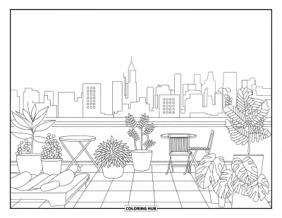 Disegno di New York da colorare per adulti: Un tranquillo giardino sul tetto con piante e sedie si affaccia dall'alto su New York
