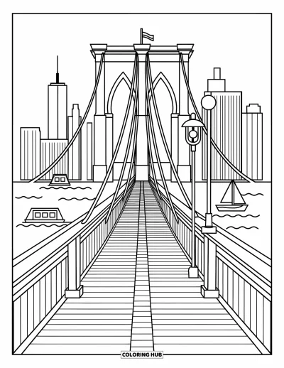 Disegno di New York da colorare per adulti: Il Ponte di Brooklyn si inarca sopra barche e palazzi in una scena cittadina gioiosa