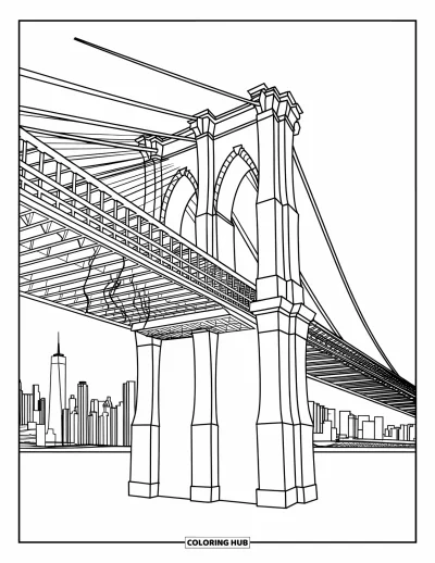 Disegno di New York da colorare per adulti: Cavi e archi disegnano il Ponte di Brooklyn con gli edifici cittadini sullo sfondo