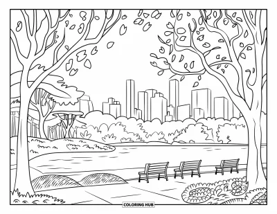 Disegno di New York da colorare per adulti: Alberi e panchine di Central Park circondano un lago tranquillo con lo skyline della città sullo sfondo