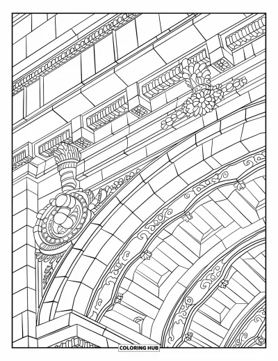 Disegno di New York da colorare per adulti: Motivi elaborati e lavorazioni in metallo brillano in questa vista dell'ingresso della Biblioteca