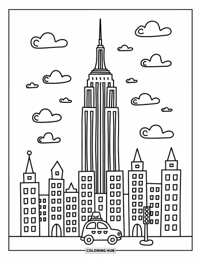 Disegno di New York da colorare per adulti: L'Empire State Building si innalza sopra palazzi raccolti e un taxi sorridente