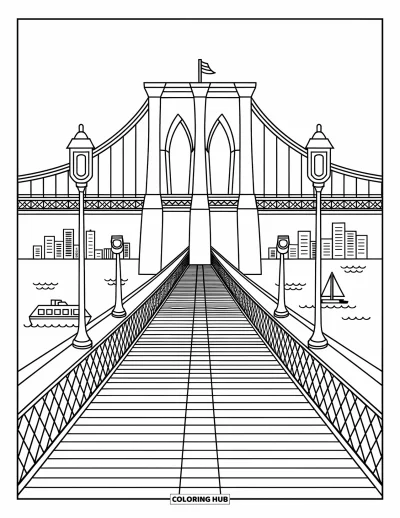 Disegno di New York da colorare per adulti: Cavi leggeri e piccole barche aggiungono fascino a questa veduta del Ponte di Brooklyn