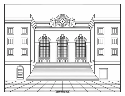 Disegno di New York da colorare per adulti: Le finestre ad arco e la torre dell'orologio del Grand Central Terminal ti accolgono con un fascino rilassante
