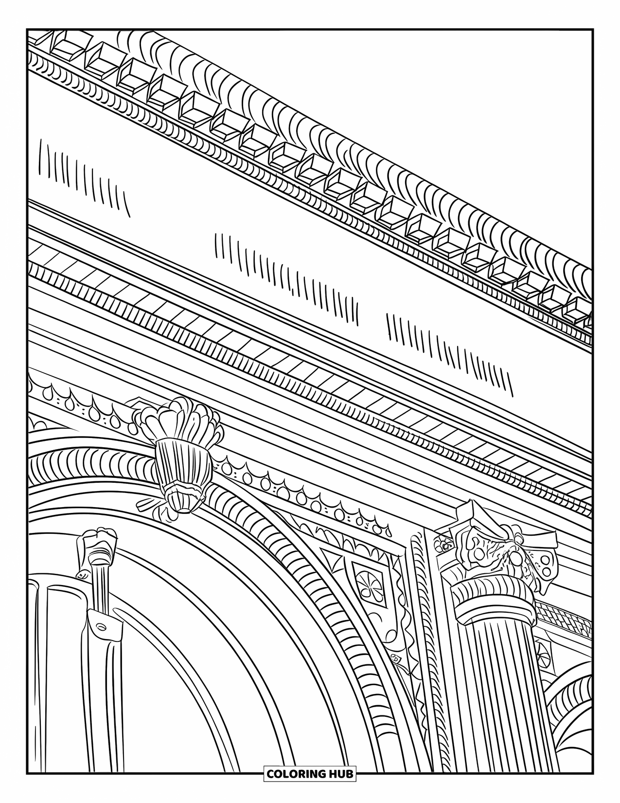New York Coloring Page for Adults: Intricate carvings decorate the grand entrance of the New York Public Library