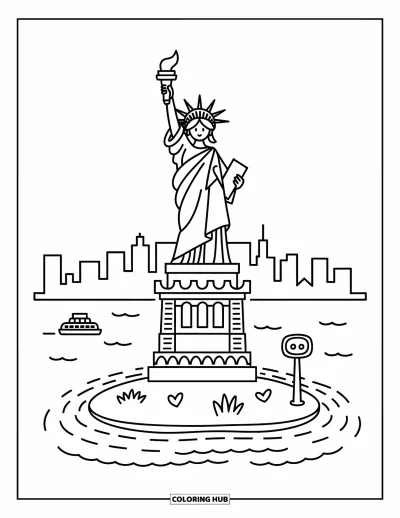 Disegno di New York da colorare per adulti: Lady Liberty sorride sopra onde dolci, un traghetto e lievi accenni allo skyline