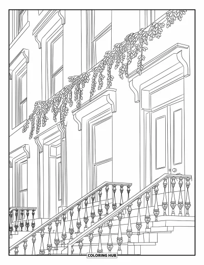 Disegno di New York da colorare per adulti: Rampicanti rigogliosi e ringhiere decorano questa imponente facciata di un palazzo in mattoni rossi di New York