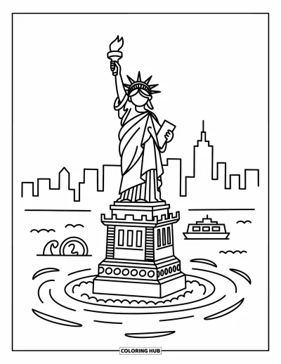 Disegno di New York da colorare per adulti: La torcia della Libertà si eleva sopra onde delicate, un traghetto e i profili dello skyline