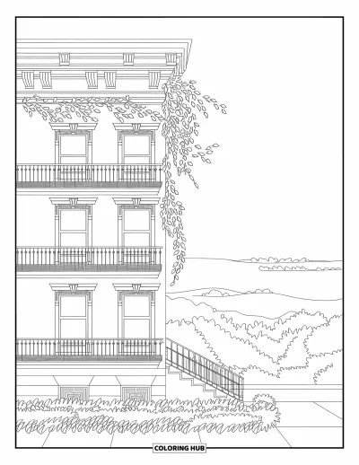 Disegno di New York da colorare per adulti: Rampicanti lussureggianti avvolgono un palazzo in mattoni circondato da una quiete verdeggiante
