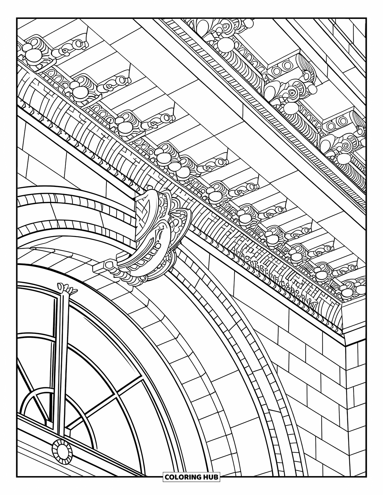 New York Coloring Page for Adults: Ornate designs and carvings frame the Library's stunning entrance facade