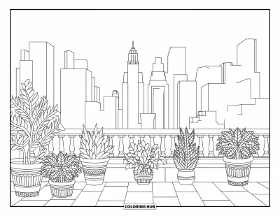Disegno di New York da colorare per adulti: Vasi di piante e alti palazzi riempiono questa serena scena di un giardino pensile newyorkese