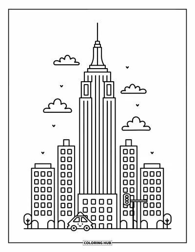 Disegno di New York da colorare per adulti: Nuvole stilizzate fluttuano accanto al design amichevole e imponente dell'Empire State Building