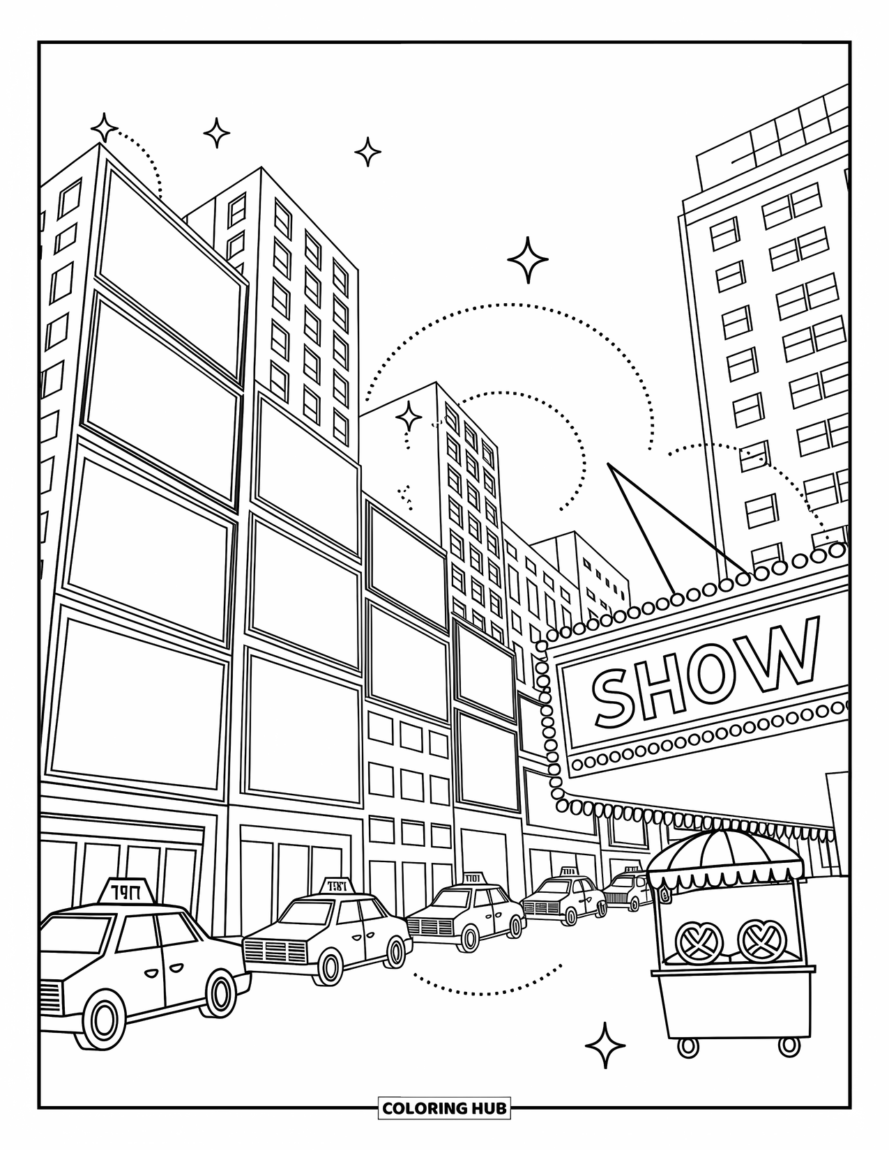 New York Coloring Page for Adults: Tall, playful buildings and taxis bring a busy city block to life
