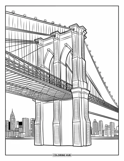 Disegno di New York da colorare per adulti: Il Ponte di Brooklyn si staglia con linee dettagliate e lo skyline come cornice