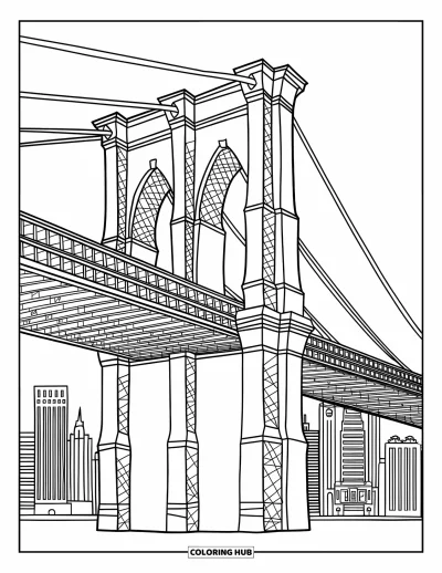Disegno di New York da colorare per adulti: Il Ponte di Brooklyn si distende lungo la pagina con lo skyline sullo sfondo