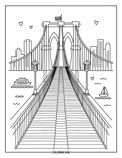 Disegno di New York da colorare per adulti: Il Ponte di Brooklyn si estende in modo giocoso su un fiume tranquillo e uno skyline geometrico