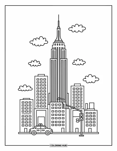 Disegno di New York da colorare per adulti: L'Empire State Building svetta con nuvole giocose e piccoli dettagli urbani