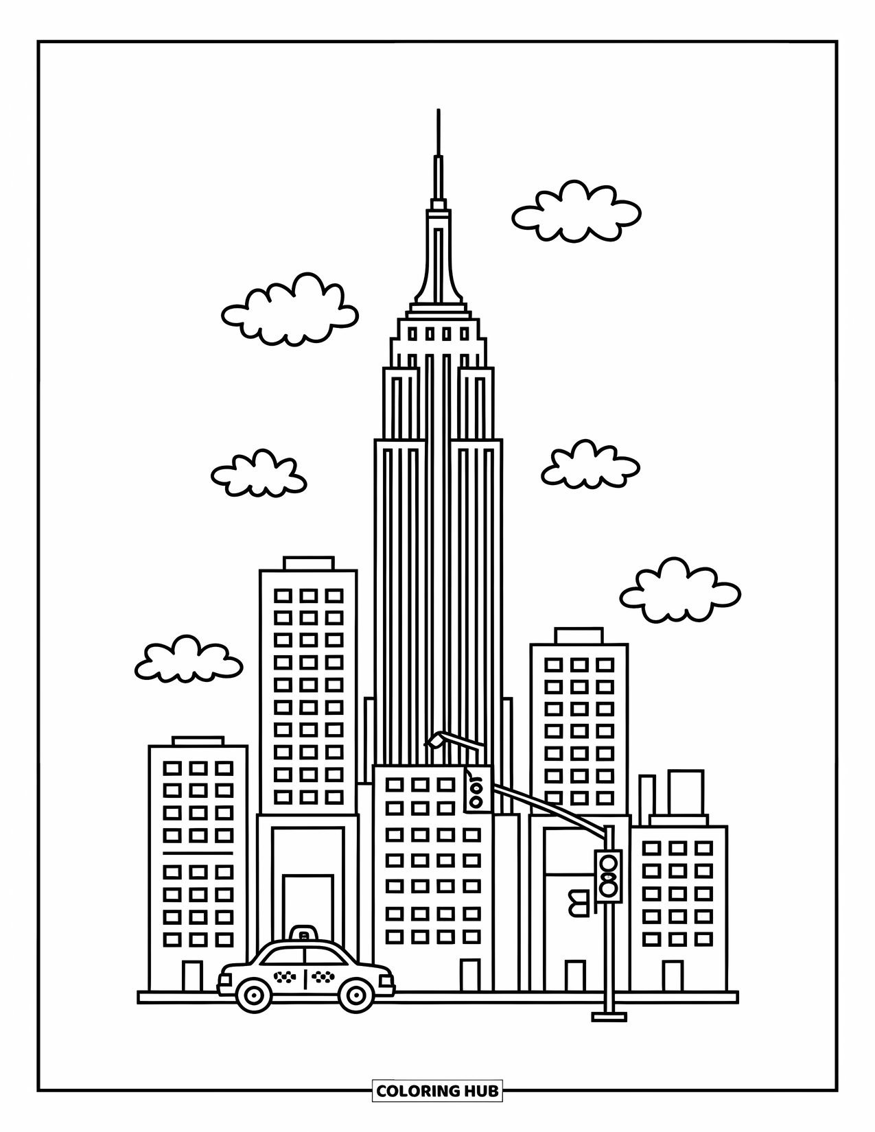 New York Coloring Page for Adults: The Empire State Building stands tall with playful clouds and tiny city details