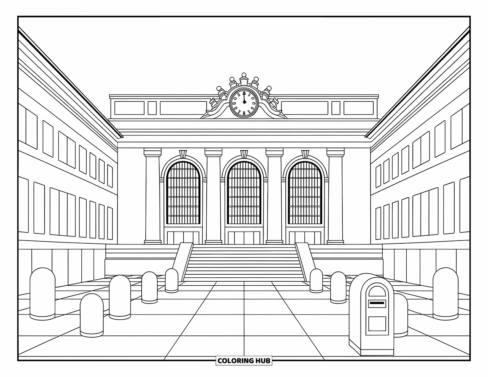 New York Coloring Page for Adults: The entrance of Grand Central feels playful with bold arches, a clock, and soft steps