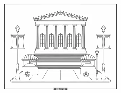 Disegno di New York da colorare per adulti: I gradini accoglienti del MET, i grandi stendardi e le colonne trasmettono calore e benvenuto