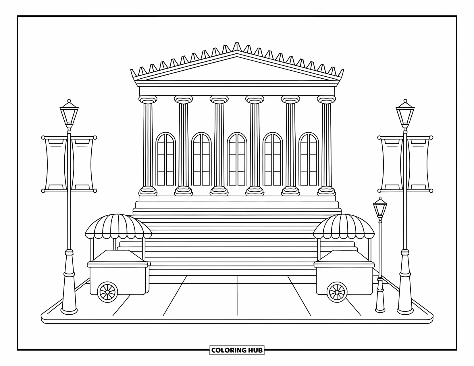 New York Coloring Page for Adults: The METís cozy steps, tall banners, and columns feel warm and welcoming