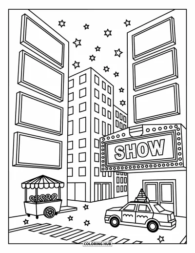 Disegno di New York da colorare per adulti: Piccoli taxi e insegne luminose fanno risplendere questa deliziosa via di New York