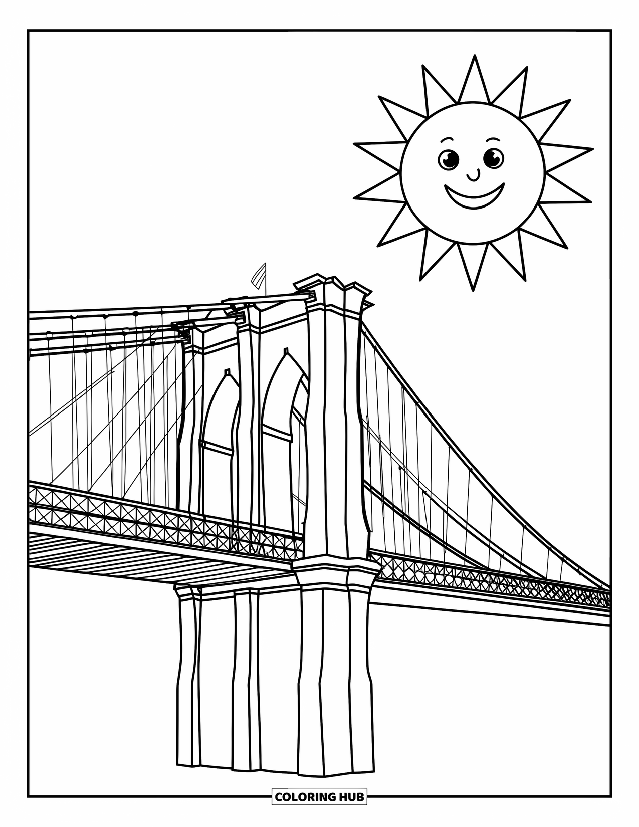 New York Coloring Page for Kids: A bright sun beams over the Brooklyn Bridge in a friendly city scene