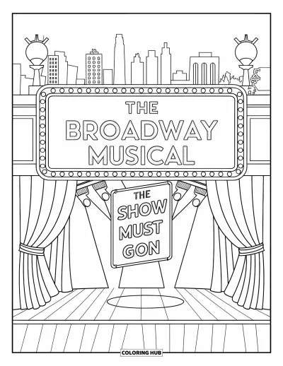 Disegno di New York da colorare per bambini: Un'insegna di Broadway con luci brillanti e un riflettore su un palcoscenico cittadino