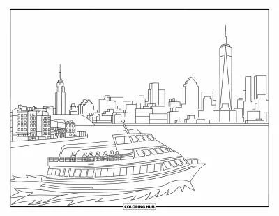 Disegno di New York da colorare per bambini: Un tranquillo traghetto sull'Hudson con i grattacieli di New York sullo sfondo