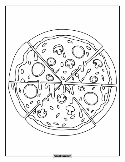 Disegno di New York da colorare per bambini: Una fetta di pizza newyorkese filante è ricoperta di condimenti come peperoni e funghi