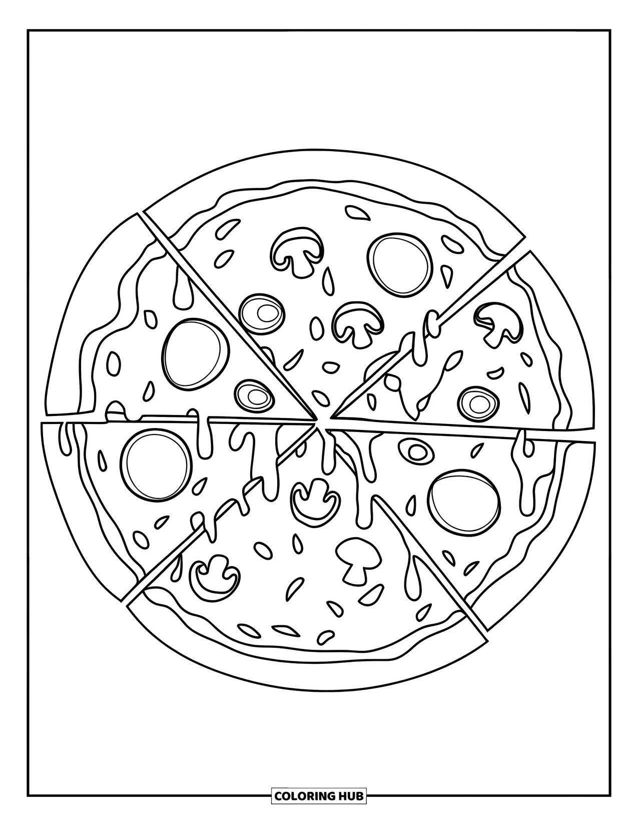 New York Coloring Page for Kids: A cheesy New York pizza slice drips with toppings like pepperoni and mushrooms