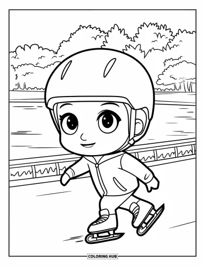 Disegno di New York da colorare per bambini: Un bambino chibi pattina a Central Park vicino a un lago e alberi alti
