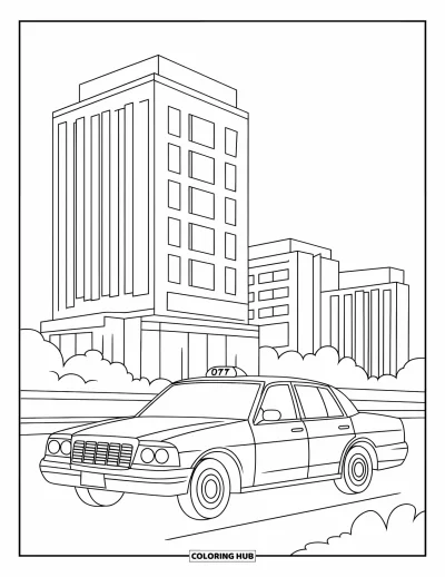Disegno di New York da colorare per bambini: Un classico taxi cittadino passa davanti a un palazzo alto con linee pulite